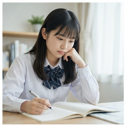 ノートに向かって考える高校生